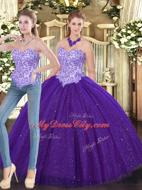 Free and Easy Purple Ball Gowns Sweetheart Sleeveless Tulle Floor Length Lace Up Beading Sweet 16 Dresses