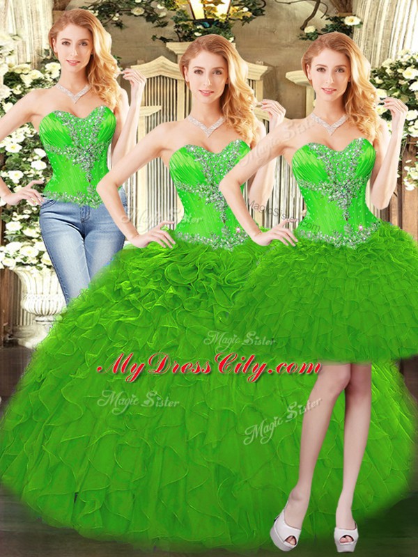 Hot Sale Green Three Pieces Organza Sweetheart Sleeveless Beading and Ruffles Floor Length Lace Up Vestidos de Quinceanera