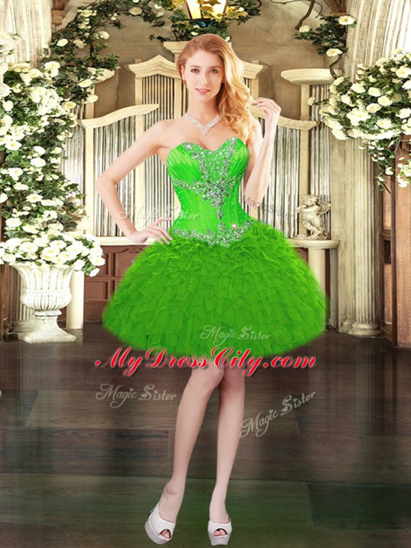 Hot Sale Green Three Pieces Organza Sweetheart Sleeveless Beading and Ruffles Floor Length Lace Up Vestidos de Quinceanera