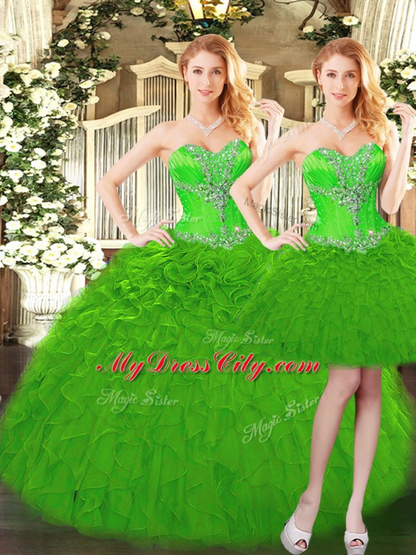 Hot Sale Green Three Pieces Organza Sweetheart Sleeveless Beading and Ruffles Floor Length Lace Up Vestidos de Quinceanera