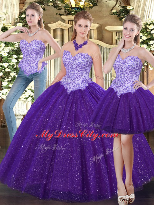 Elegant Purple Ball Gowns Sweetheart Sleeveless Tulle Floor Length Lace Up Beading Quinceanera Gown