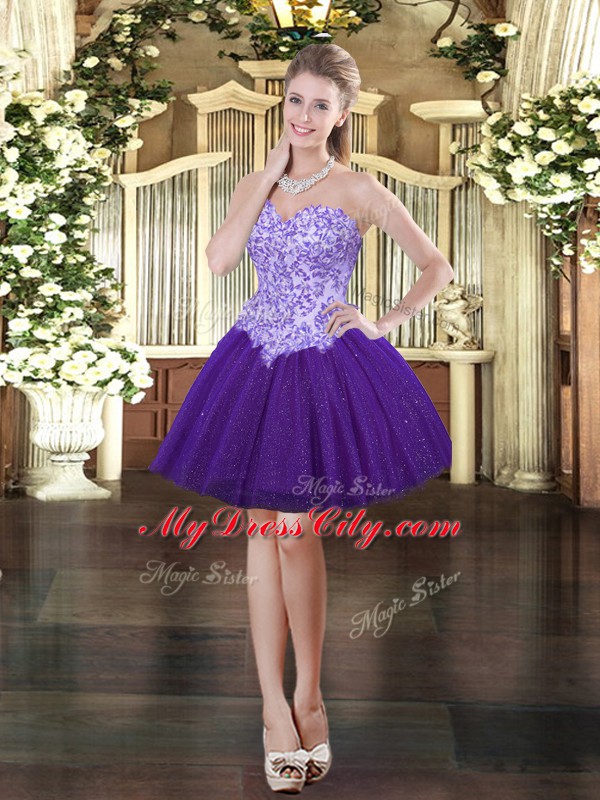 Elegant Purple Ball Gowns Sweetheart Sleeveless Tulle Floor Length Lace Up Beading Quinceanera Gown