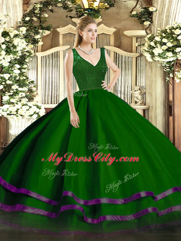 Dark Green Ball Gowns Organza V-neck Sleeveless Beading and Lace and Ruffled Layers Floor Length Backless Quinceanera Dresses