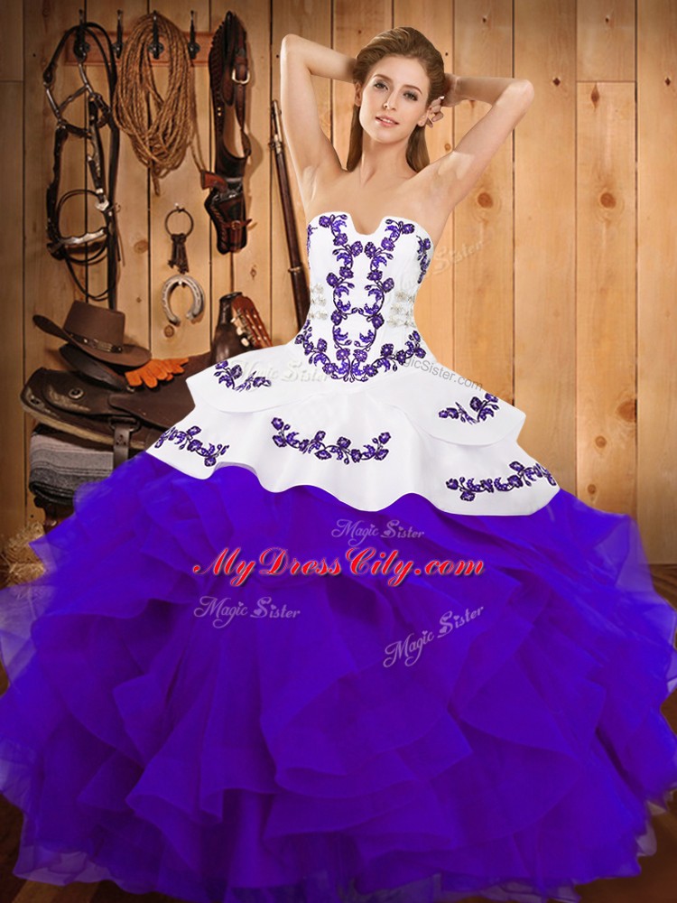 Floor Length Lace Up Sweet 16 Quinceanera Dress White And Purple for Military Ball and Sweet 16 and Quinceanera with Embroidery and Ruffles