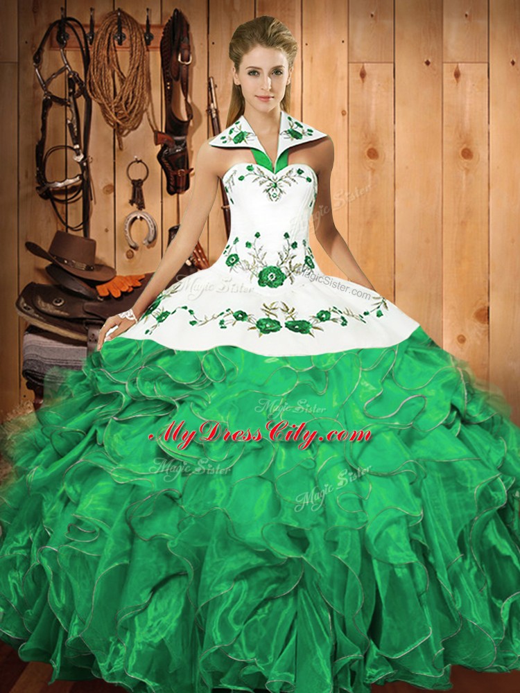 Satin and Organza Sleeveless Floor Length 15th Birthday Dress and Embroidery and Ruffles