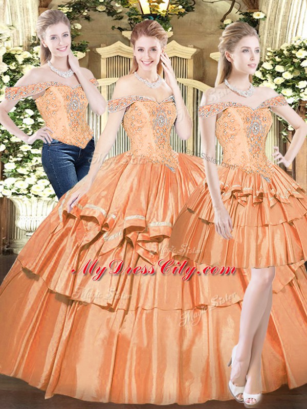 Cute Orange Red Sleeveless Organza Lace Up Sweet 16 Quinceanera Dress for Military Ball and Sweet 16 and Quinceanera