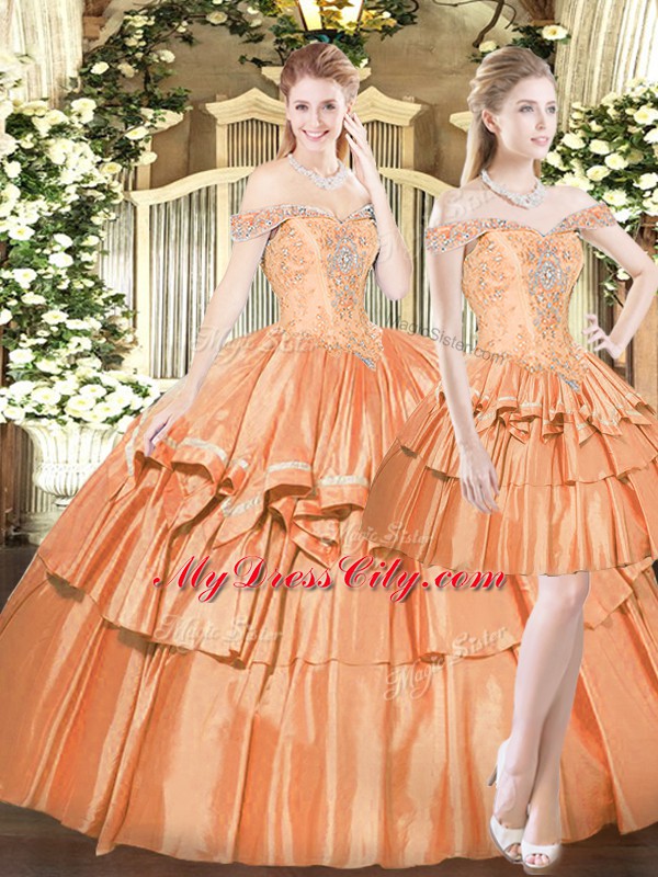 Cute Orange Red Sleeveless Organza Lace Up Sweet 16 Quinceanera Dress for Military Ball and Sweet 16 and Quinceanera