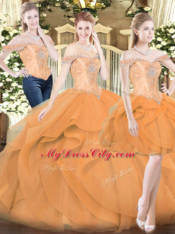 Off The Shoulder Sleeveless 15th Birthday Dress Floor Length Ruffles Orange Red Organza