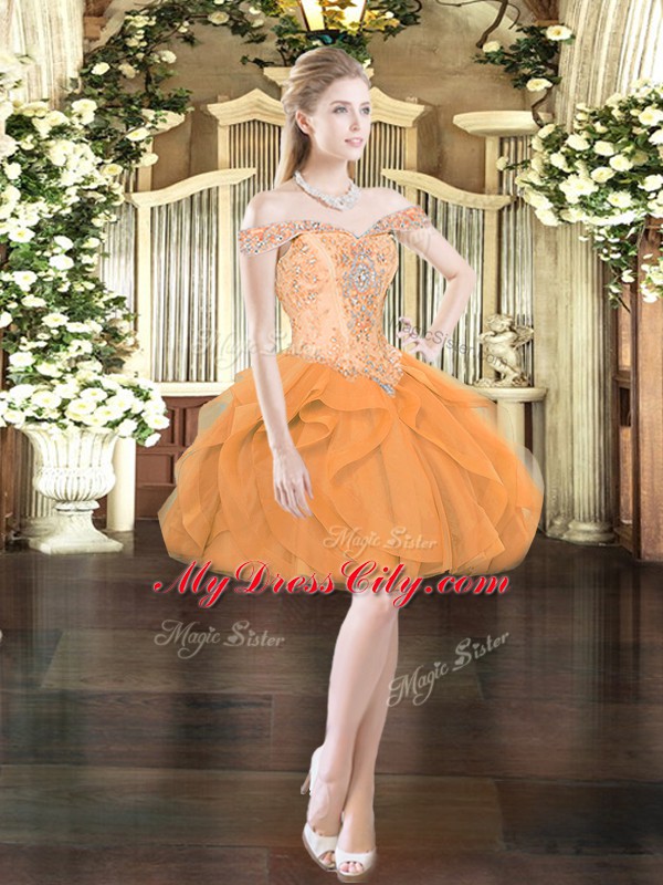 Off The Shoulder Sleeveless 15th Birthday Dress Floor Length Ruffles Orange Red Organza