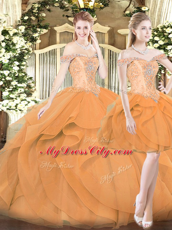 Off The Shoulder Sleeveless 15th Birthday Dress Floor Length Ruffles Orange Red Organza