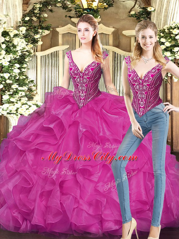 V-neck Sleeveless Organza Sweet 16 Quinceanera Dress Ruffles Lace Up