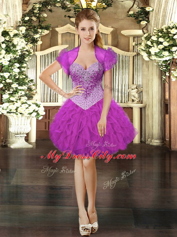 Fancy Sweetheart Sleeveless Prom Party Dress Mini Length Beading and Ruffles Fuchsia Organza