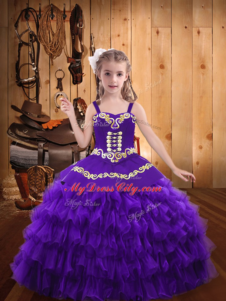 Organza Sleeveless Floor Length Little Girls Pageant Dress and Beading and Embroidery and Ruffled Layers