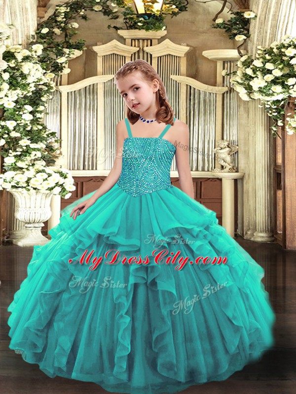 Sleeveless Floor Length Beading and Ruffles Lace Up Winning Pageant Gowns with Teal