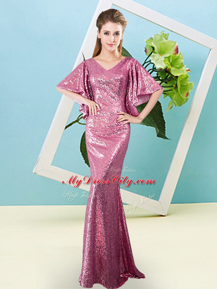 Pink V-neck Neckline Sequins Prom Party Dress Half Sleeves Zipper