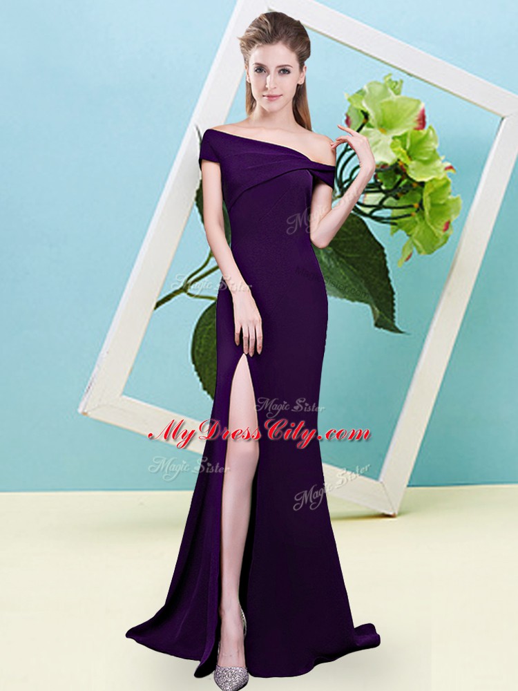 Off The Shoulder Sleeveless Elastic Woven Satin Bridesmaid Dress Ruching Zipper