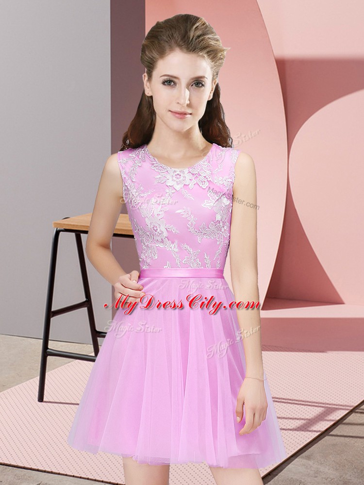 Chic Lace Bridesmaid Gown Rose Pink Side Zipper Sleeveless Mini Length