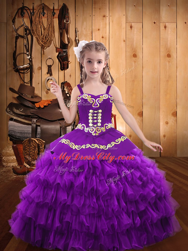 Customized Purple Ball Gowns Beading and Embroidery and Ruffled Layers Pageant Dress for Girls Lace Up Organza Sleeveless Floor Length