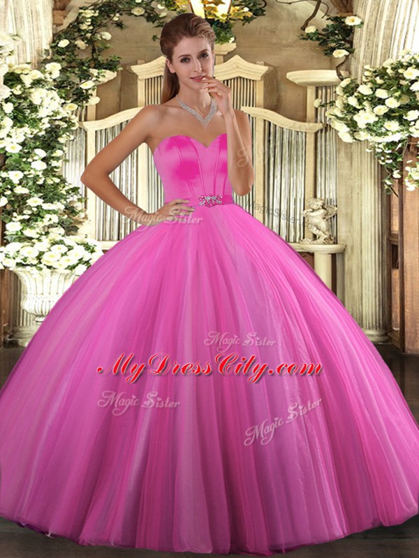 Fantastic Tulle Sweetheart Sleeveless Lace Up Beading Quinceanera Gowns in Rose Pink