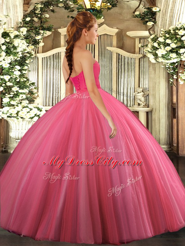 Fantastic Tulle Sweetheart Sleeveless Lace Up Beading Quinceanera Gowns in Rose Pink