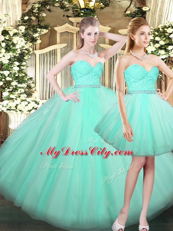 High End Floor Length Aqua Blue Quinceanera Gowns Tulle Sleeveless Ruching