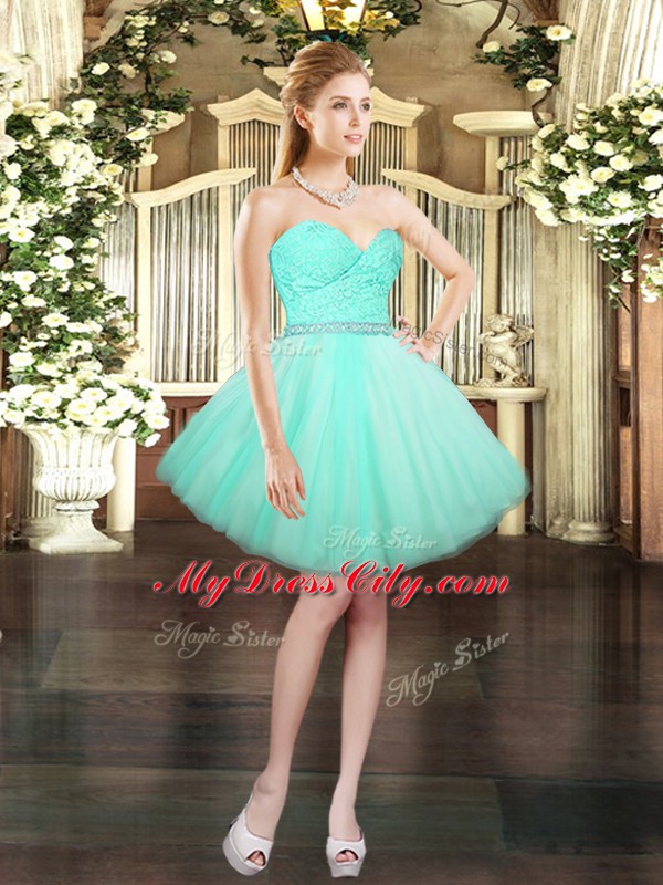 High End Floor Length Aqua Blue Quinceanera Gowns Tulle Sleeveless Ruching