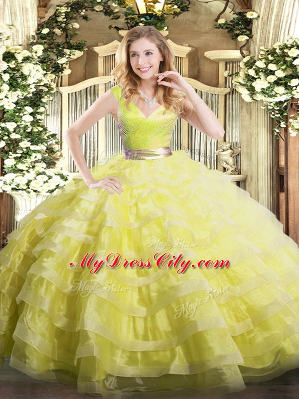 Trendy Floor Length Zipper 15th Birthday Dress Yellow Green for Military Ball and Sweet 16 and Quinceanera with Ruffled Layers