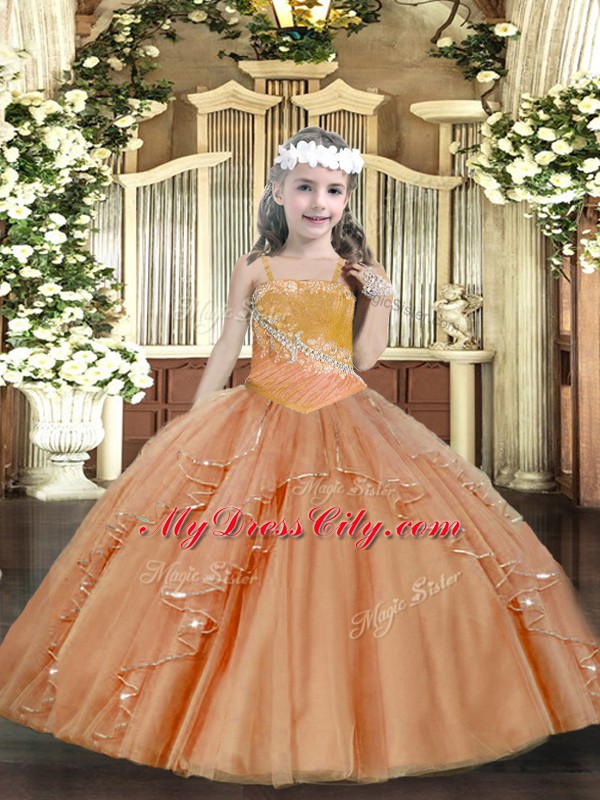 Modern Rust Red Tulle Lace Up Girls Pageant Dresses Sleeveless Floor Length Beading and Ruffles and Sequins