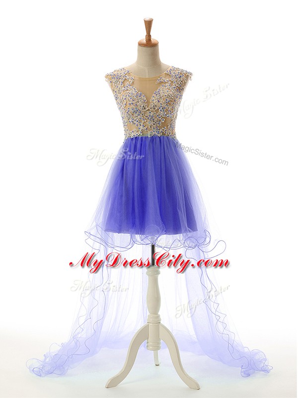 Hot Sale Scoop Sleeveless Prom Party Dress High Low Appliques Blue Tulle