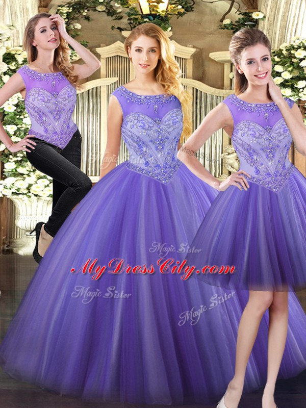 Fine Lavender Quince Ball Gowns Military Ball and Sweet 16 and Quinceanera with Beading Scoop Sleeveless Zipper