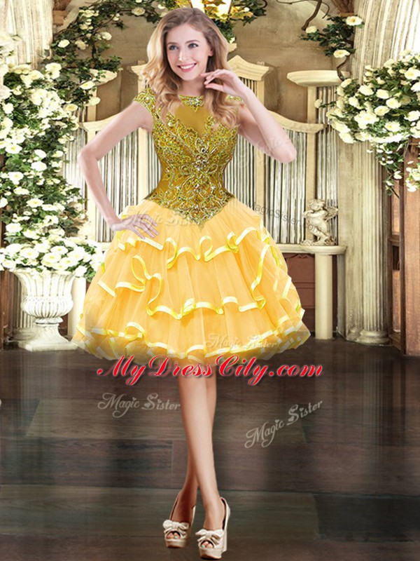 Sweet Mini Length Gold Prom Party Dress Scoop Cap Sleeves Zipper