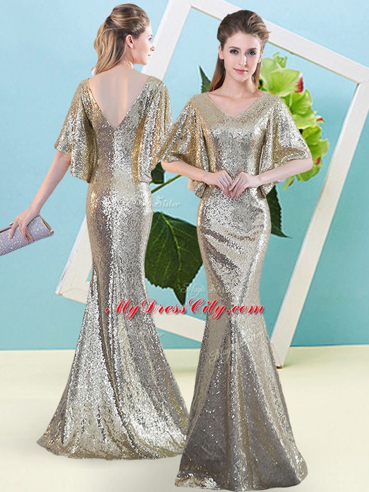 Custom Design Silver Sequined Zipper V-neck Half Sleeves Floor Length Homecoming Dress Sequins