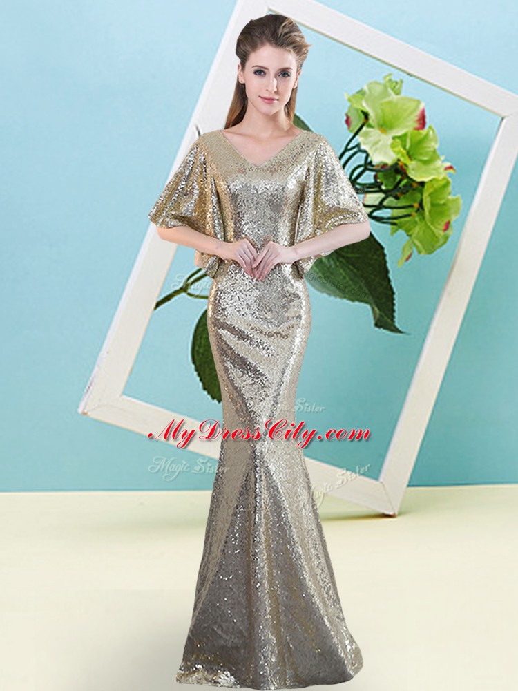 Custom Design Silver Sequined Zipper V-neck Half Sleeves Floor Length Homecoming Dress Sequins