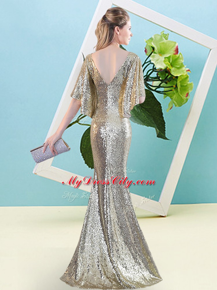 Custom Design Silver Sequined Zipper V-neck Half Sleeves Floor Length Homecoming Dress Sequins