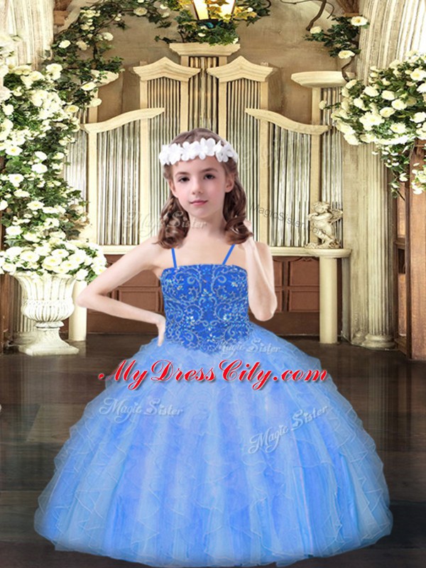 Floor Length Baby Blue Kids Pageant Dress Organza Sleeveless Beading and Ruffles