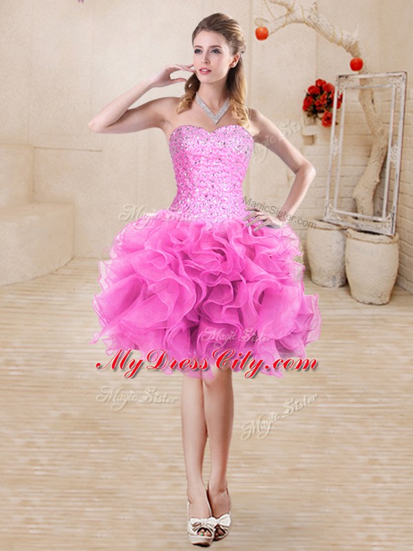 Romantic Rose Pink Ball Gowns Organza Sweetheart Sleeveless Beading and Ruffles Mini Length Lace Up Evening Dress