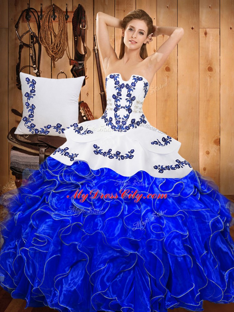 Delicate Ball Gowns Quinceanera Gown Blue And White Strapless Satin and Organza Sleeveless Floor Length Lace Up