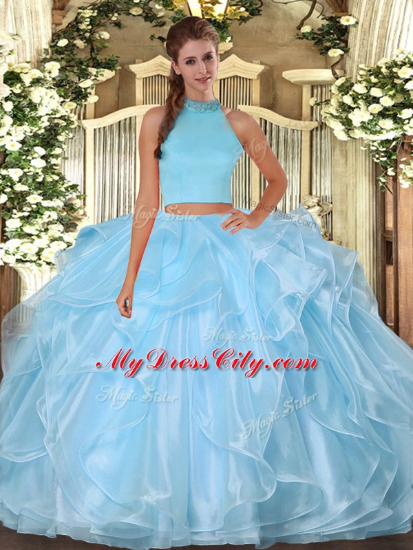 Floor Length Backless Quinceanera Dresses Light Blue for Military Ball and Sweet 16 and Quinceanera with Beading and Ruffles