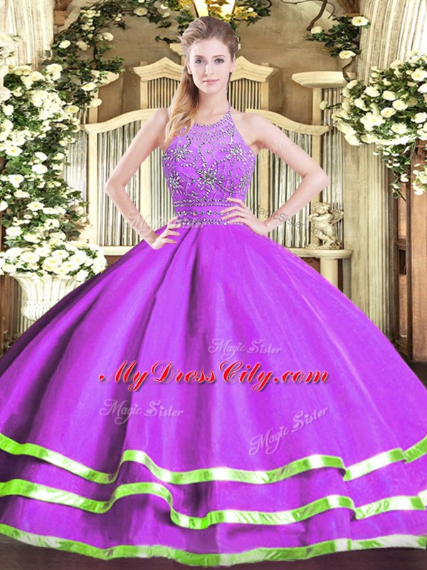 Customized Tulle Halter Top Sleeveless Zipper Beading Sweet 16 Dress in Eggplant Purple