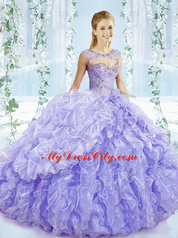 Lavender Sweetheart Lace Up Beading and Ruffles and Pick Ups Quinceanera Dress Brush Train Sleeveless