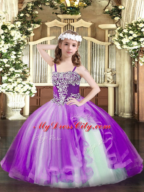 Perfect Purple Straps Lace Up Appliques Glitz Pageant Dress Sleeveless