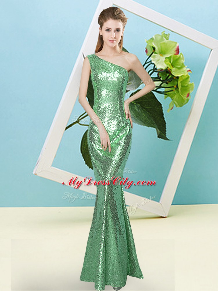 Sleeveless Sequined Floor Length Zipper Dress for Prom in Turquoise with Sequins