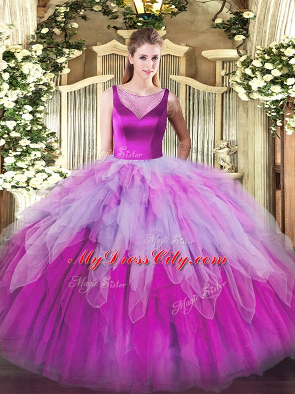 Multi-color Ball Gowns Beading and Ruffles Quinceanera Dress Side Zipper Organza Sleeveless Floor Length