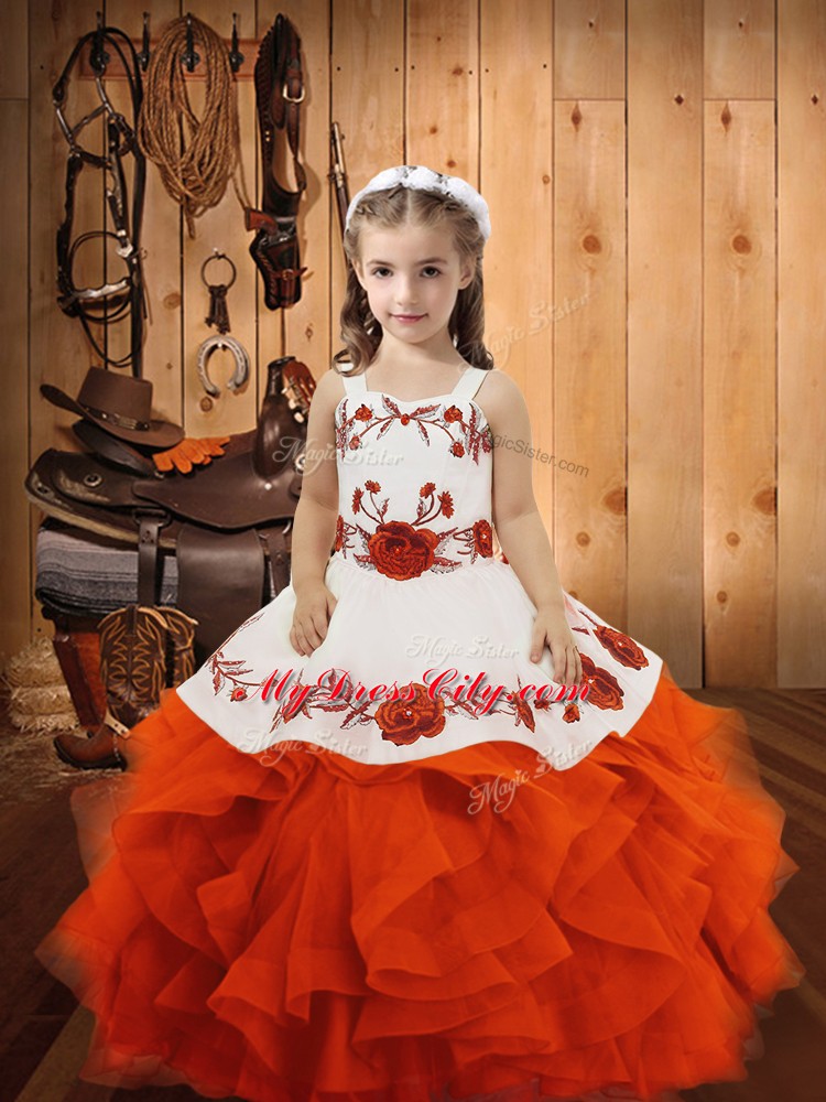 Discount Sleeveless Floor Length Embroidery and Ruffles Lace Up Little Girl Pageant Gowns with Orange Red