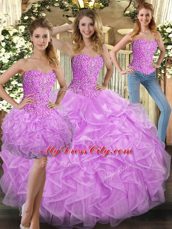 Fitting Tulle Sweetheart Sleeveless Lace Up Beading and Ruffles Quince Ball Gowns in Lilac