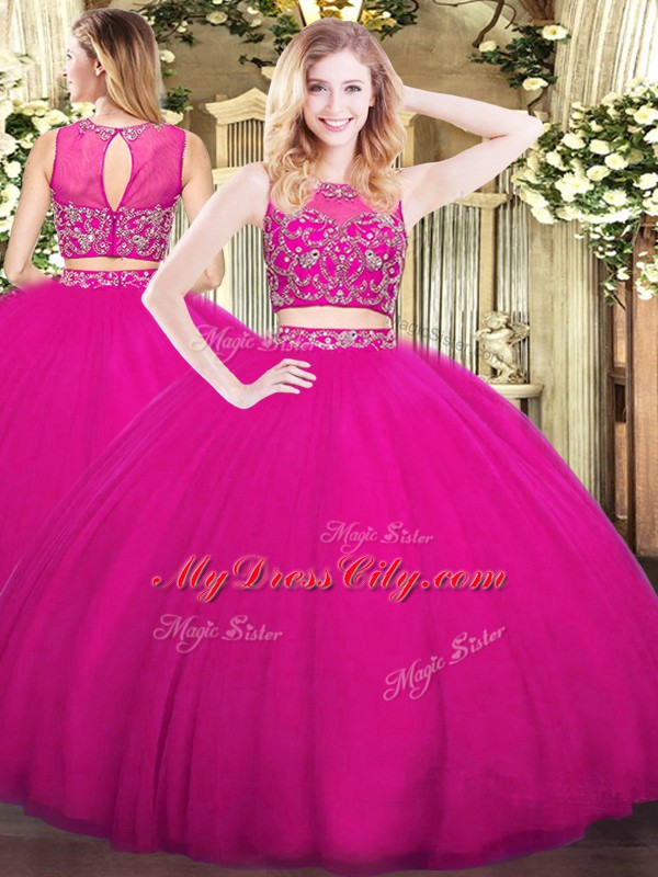 Ideal Floor Length Zipper Ball Gown Prom Dress Fuchsia for Military Ball and Sweet 16 and Quinceanera with Beading