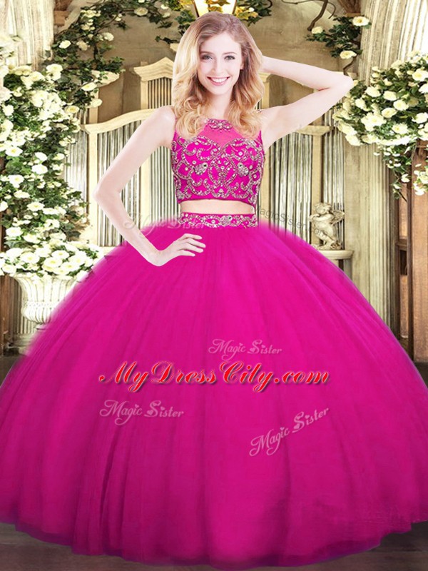 Ideal Floor Length Zipper Ball Gown Prom Dress Fuchsia for Military Ball and Sweet 16 and Quinceanera with Beading