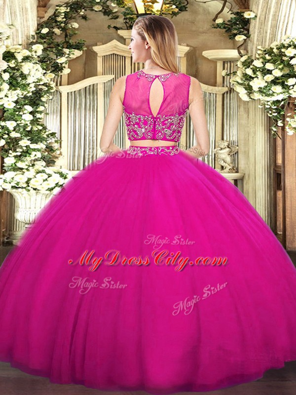 Ideal Floor Length Zipper Ball Gown Prom Dress Fuchsia for Military Ball and Sweet 16 and Quinceanera with Beading