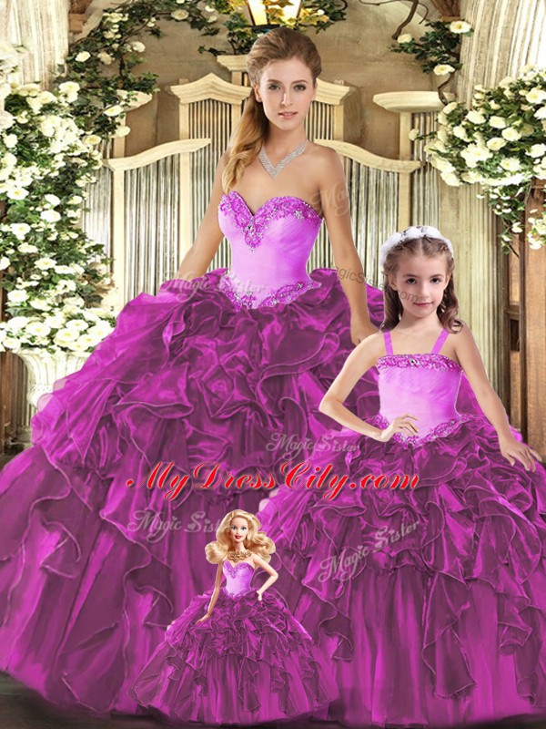 Clearance Fuchsia Organza Lace Up Sweetheart Sleeveless Floor Length Quinceanera Gown Ruffles