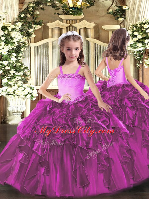 Clearance Fuchsia Organza Lace Up Sweetheart Sleeveless Floor Length Quinceanera Gown Ruffles